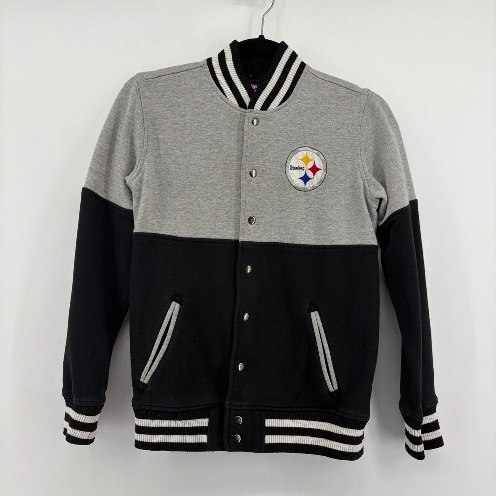 NFL Team‎ Apparel Pittsburgh Steelers Youth Varsity Jacket Grey Black Sz M 10/12